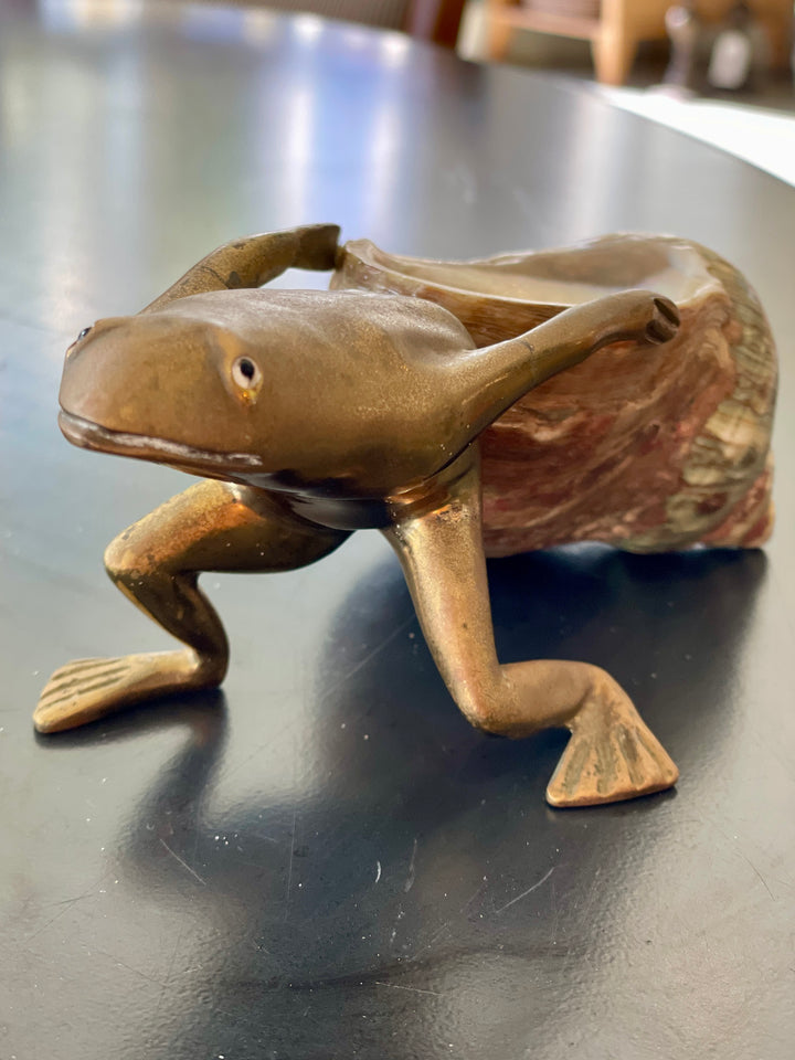 Vintage Sculpted Bronze Frog Pulling Green Turban Shell, Signed by the Artist