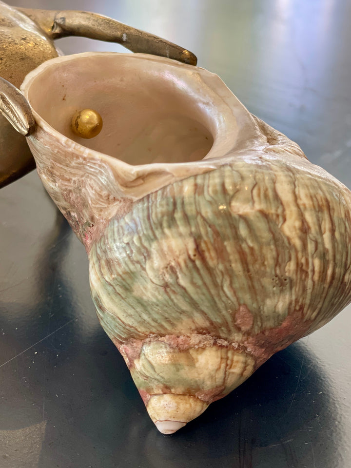 Vintage Sculpted Bronze Frog Pulling Green Turban Shell, Signed by the Artist