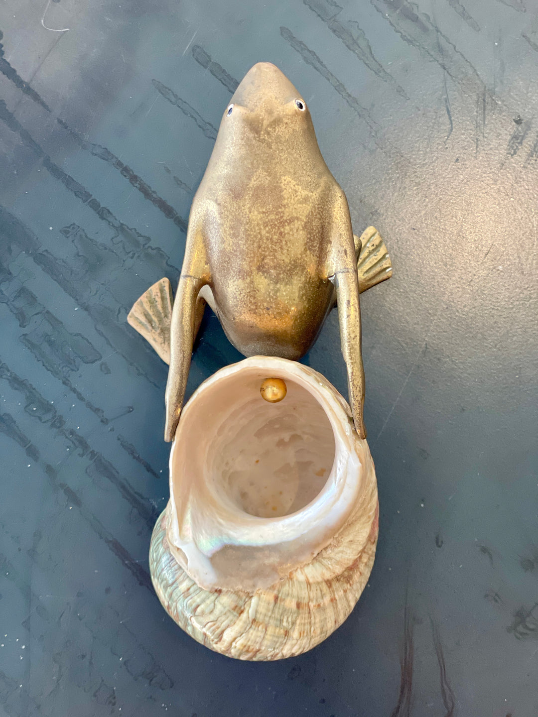 Vintage Sculpted Bronze Frog Pulling Green Turban Shell, Signed by the Artist