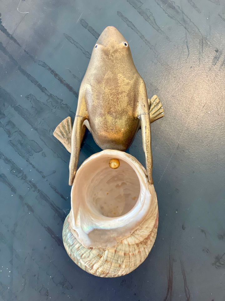 Vintage Sculpted Bronze Frog Pulling Green Turban Shell, Signed by the Artist