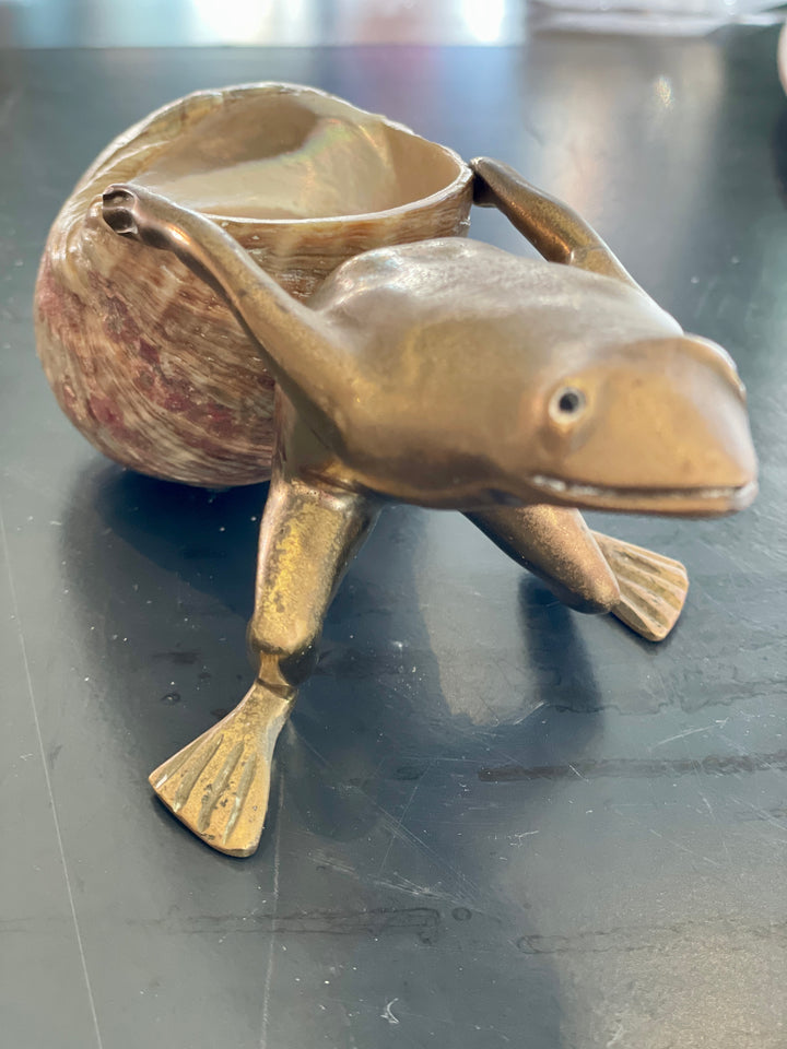 Vintage Sculpted Bronze Frog Pulling Green Turban Shell, Signed by the Artist