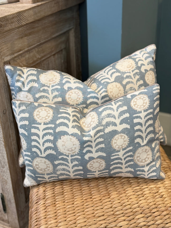 Custom 15" x 23" Pillow in a Penny Morrison Hand Block Printed Linen, Killi Blue