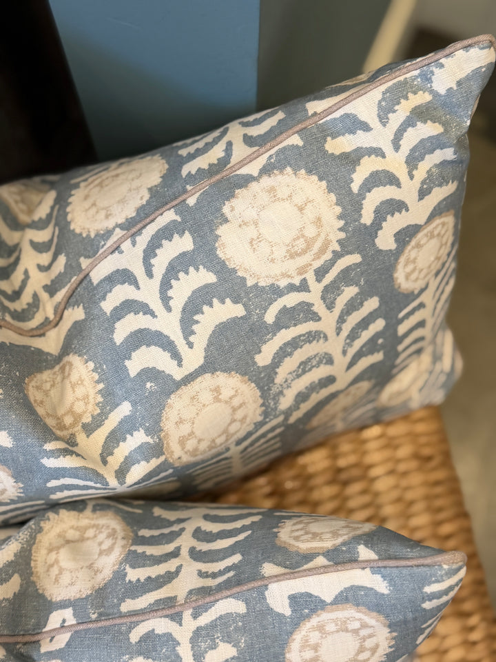Custom 15" x 23" Pillow in a Penny Morrison Hand Block Printed Linen, Killi Blue