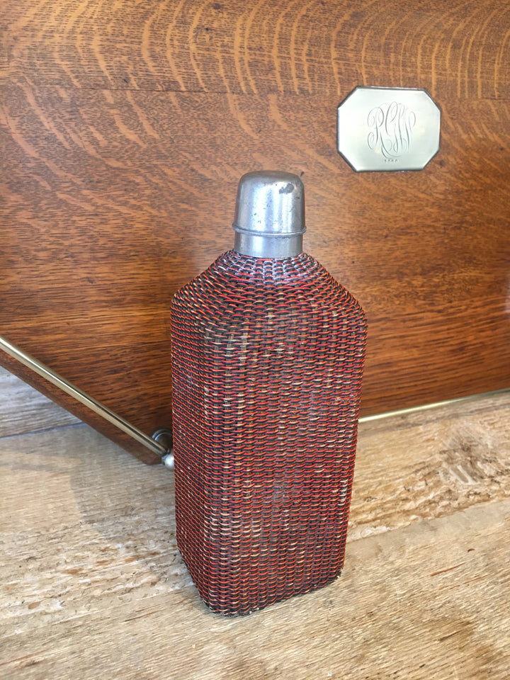 Antique Glass Bottle with Wrapped Woven Sheath and Metal Cap