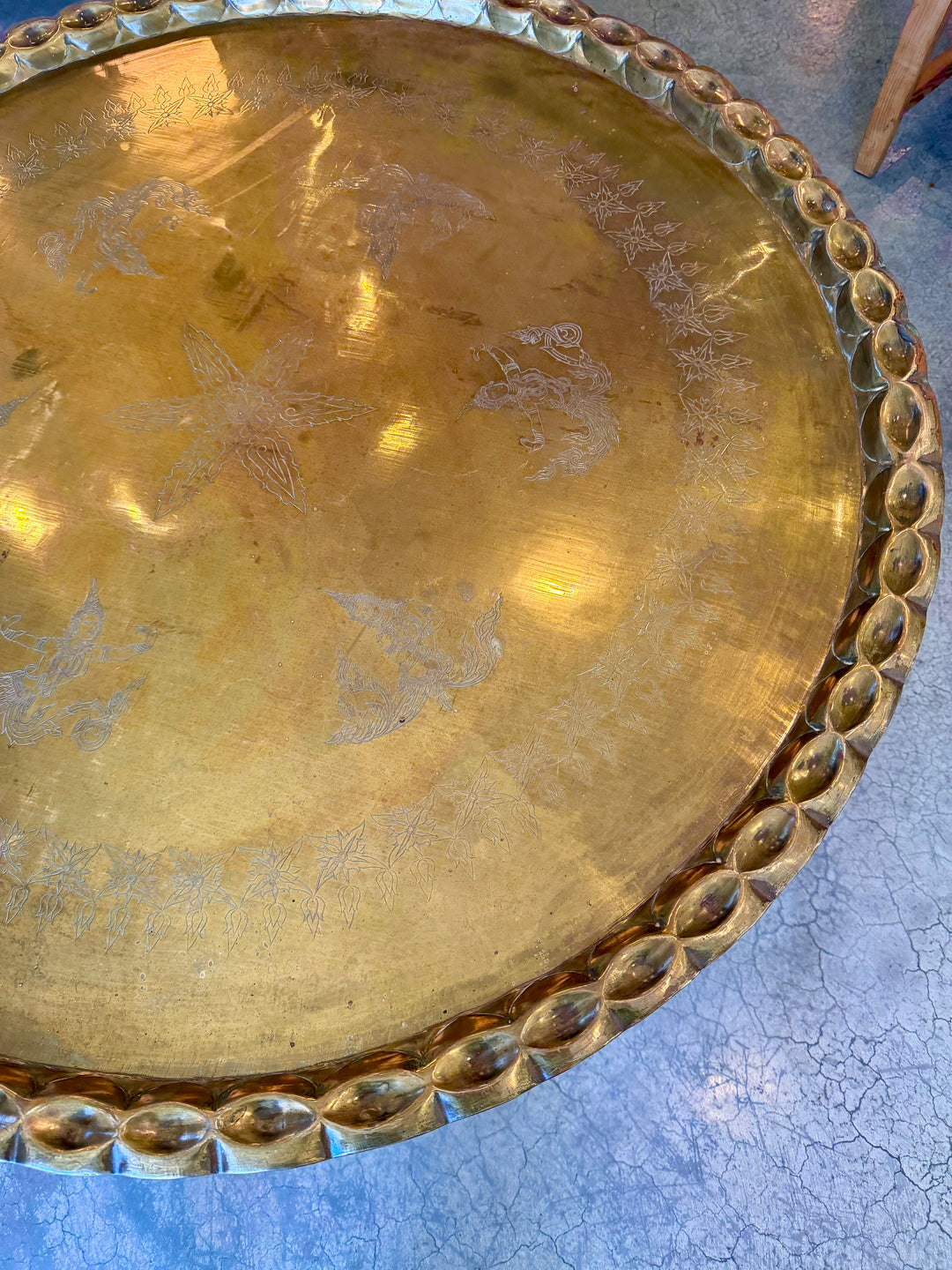 Mid-Century Round Brass Tray Table w/ Walnut Spider Folding Base