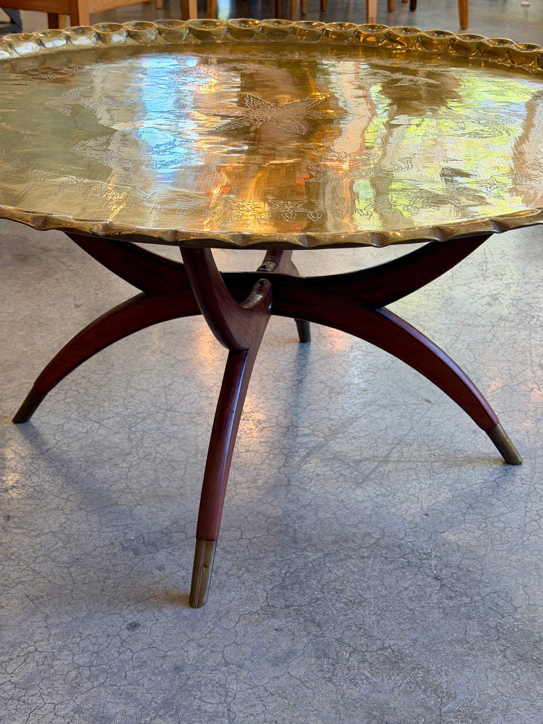Mid-Century Round Brass Tray Table w/ Walnut Spider Folding Base