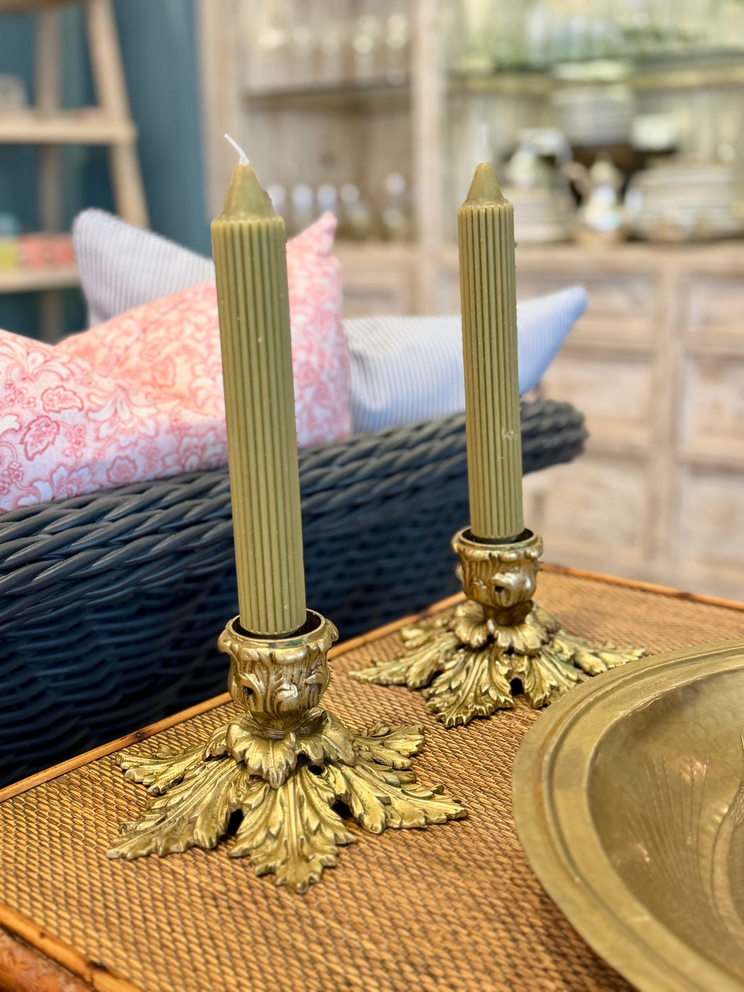 Vintage Heavy Brass Candlesticks with Acanthus Leaf Motif | Pair