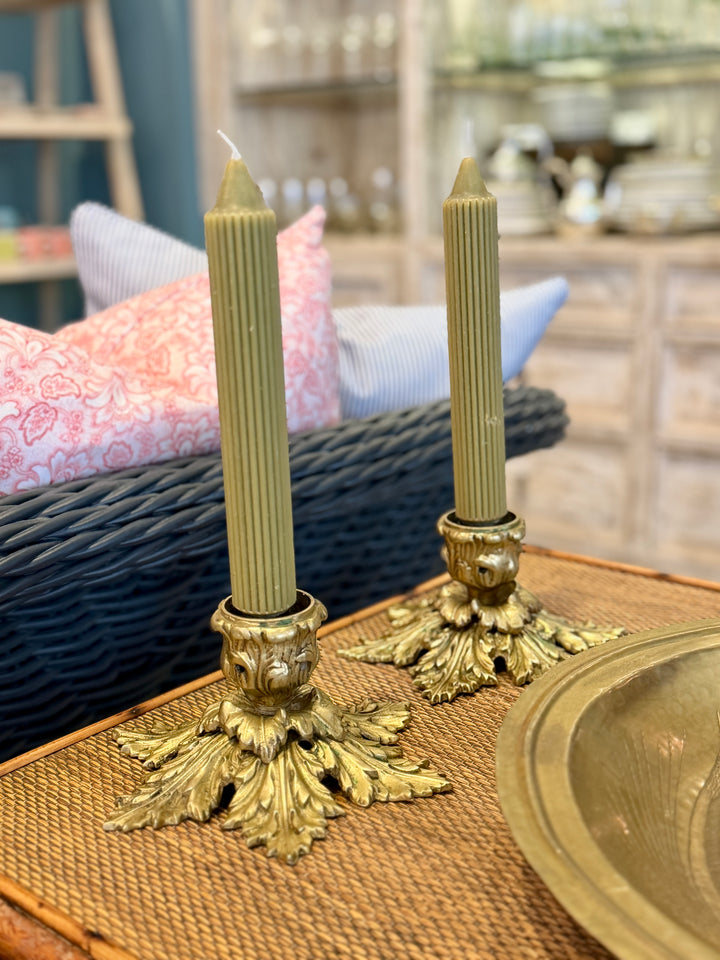 Vintage Heavy Brass Candlesticks with Acanthus Leaf Motif | Pair