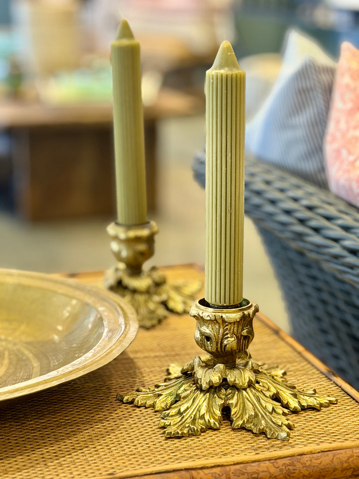 Vintage Heavy Brass Candlesticks with Acanthus Leaf Motif | Pair