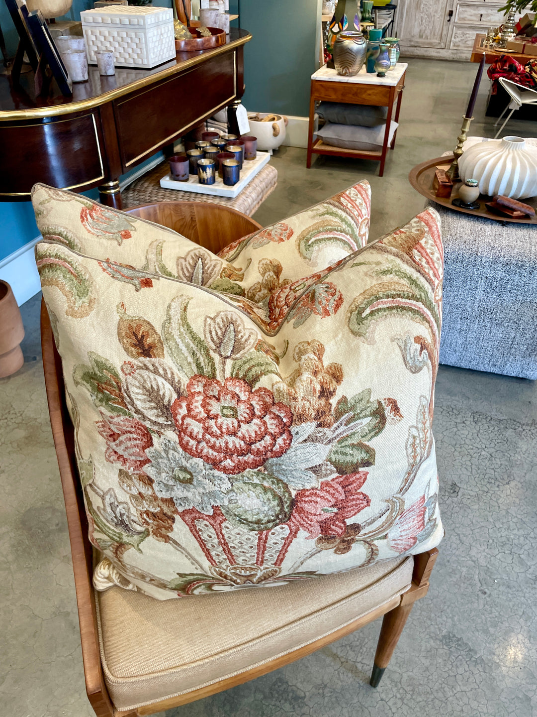 Custom 21" x 21" Pillow made from Vintage Printed Linen w/ a Floral Design