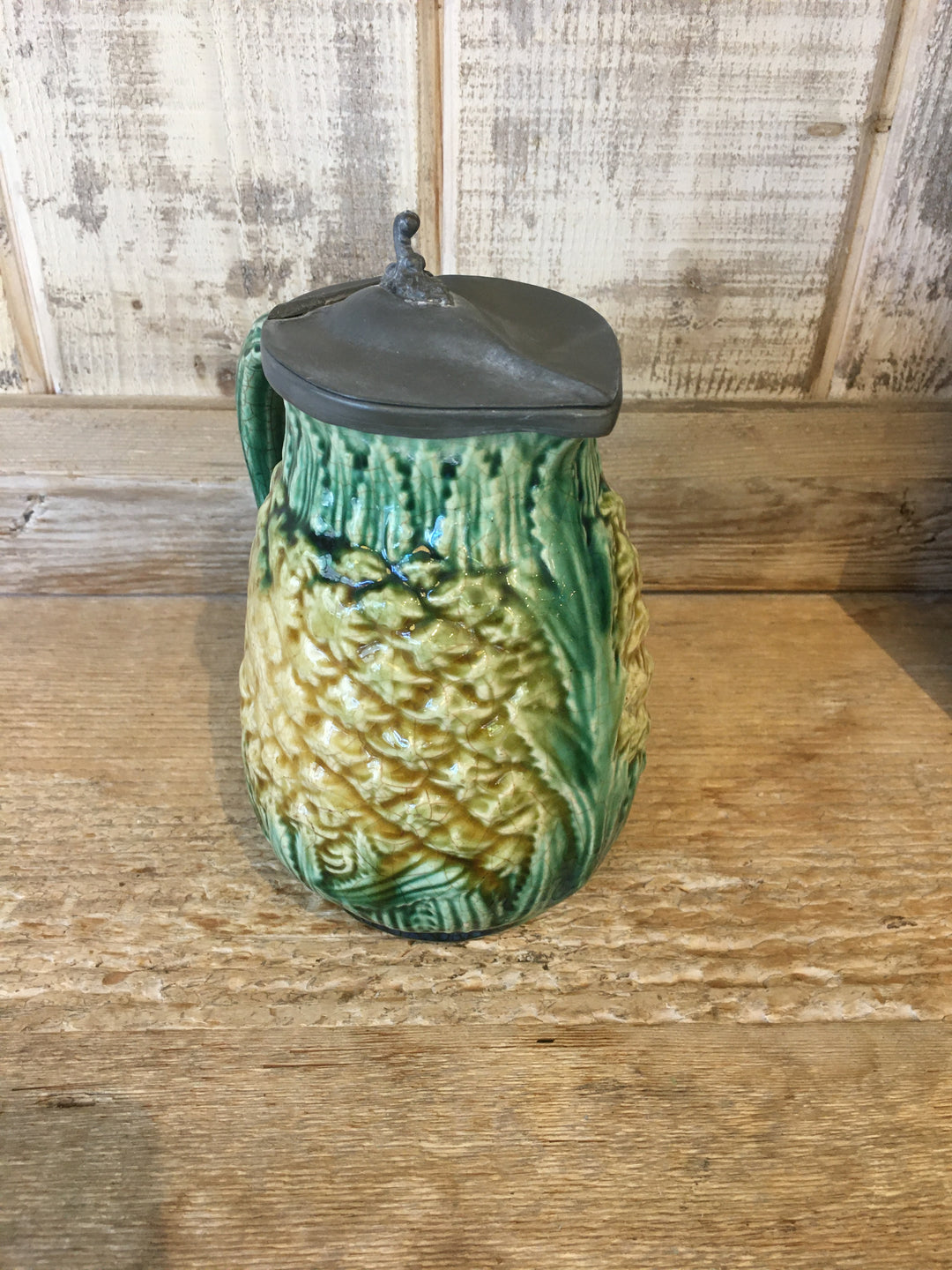 Antique Victorian Majolica Pineapple Water Jug with Pewter Lid