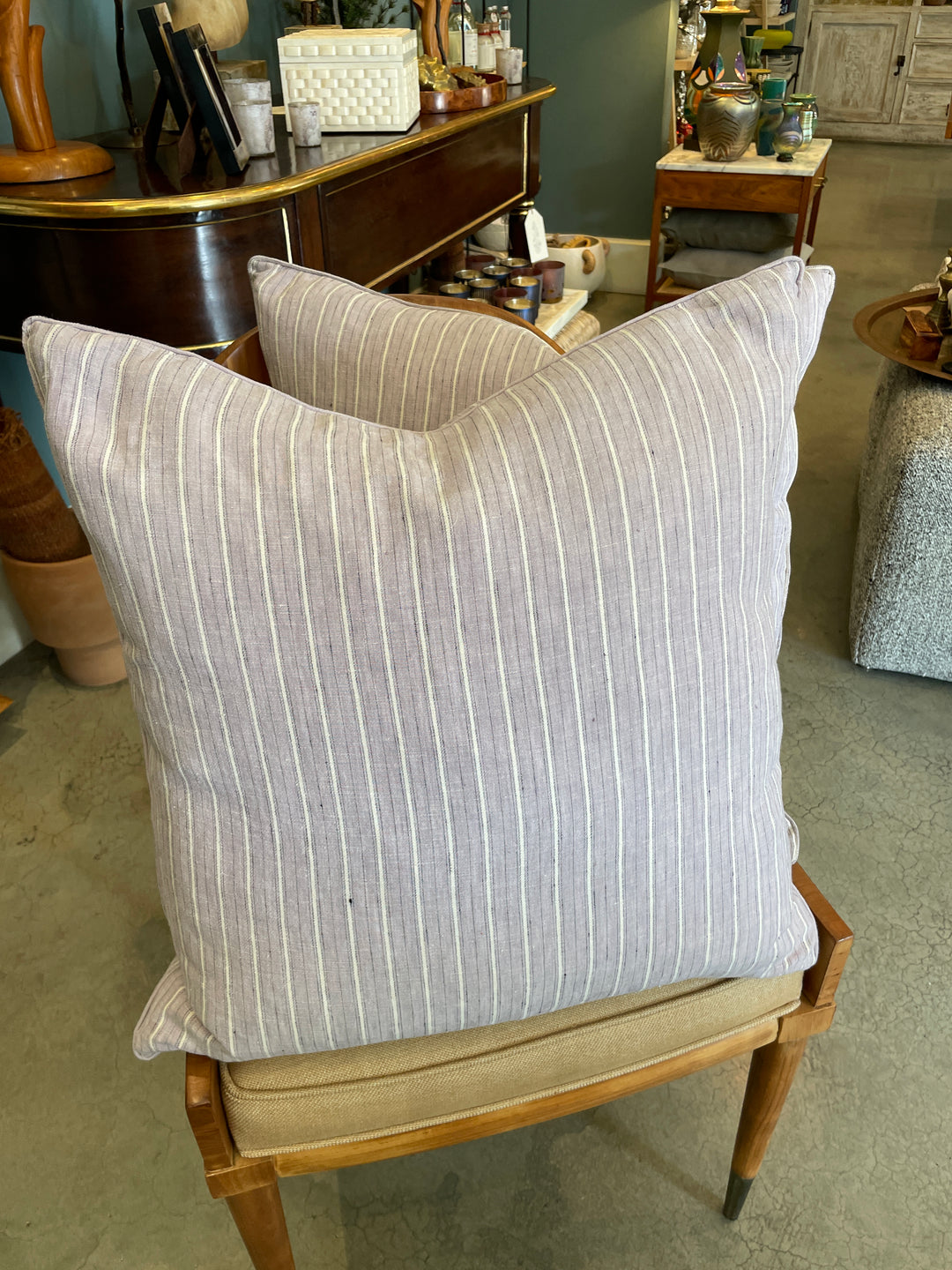 Custom 21" x 21" Pillow made from Vintage Lavender, Cream + Black Stripe Linen
