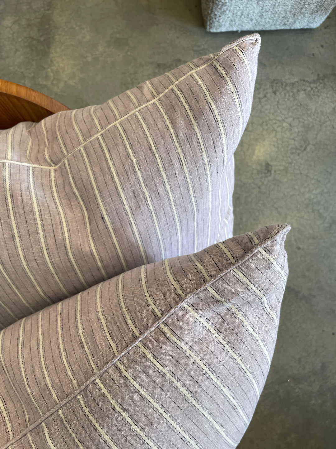 Custom 21" x 21" Pillow made from Vintage Lavender, Cream + Black Stripe Linen