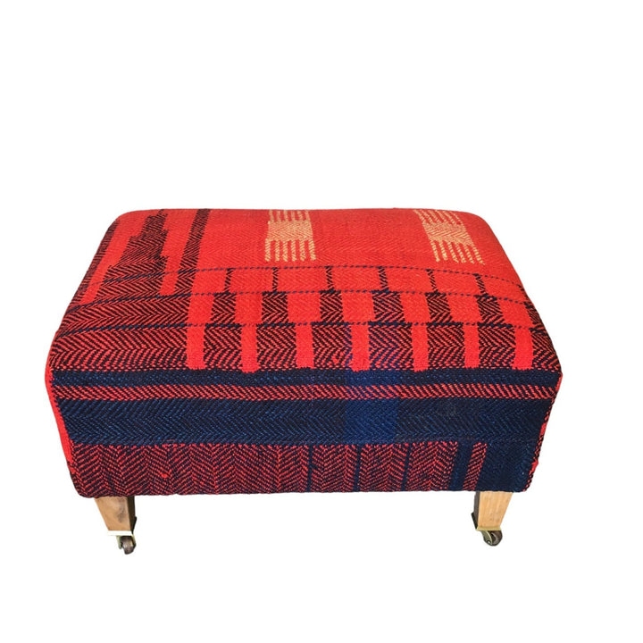 Vintage Ottoman with Wood Legs and Brass Casters, Newly Upholstered