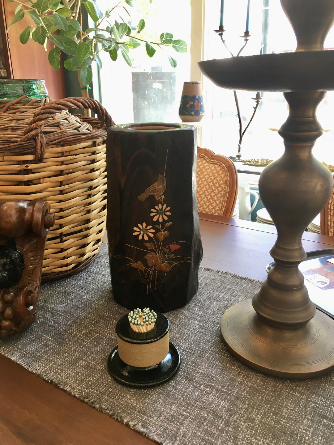 Vintage Wood Log Vase w/ Intricate Mixed Media Inlay Decoration, Japan