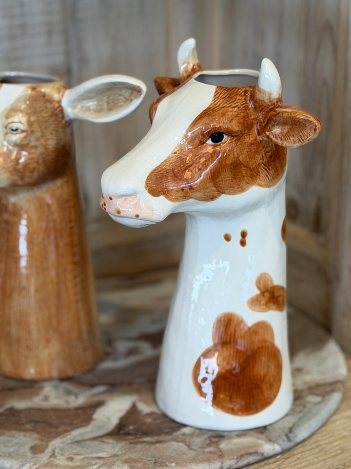 10.25" Hand-Painted Stoneware Cow Vase