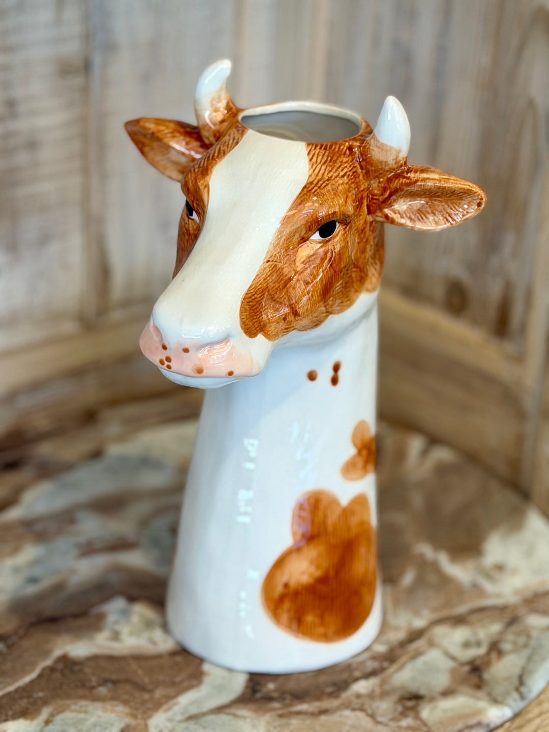 10.25" Hand-Painted Stoneware Cow Vase