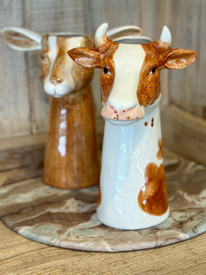 10.25" Hand-Painted Stoneware Cow Vase