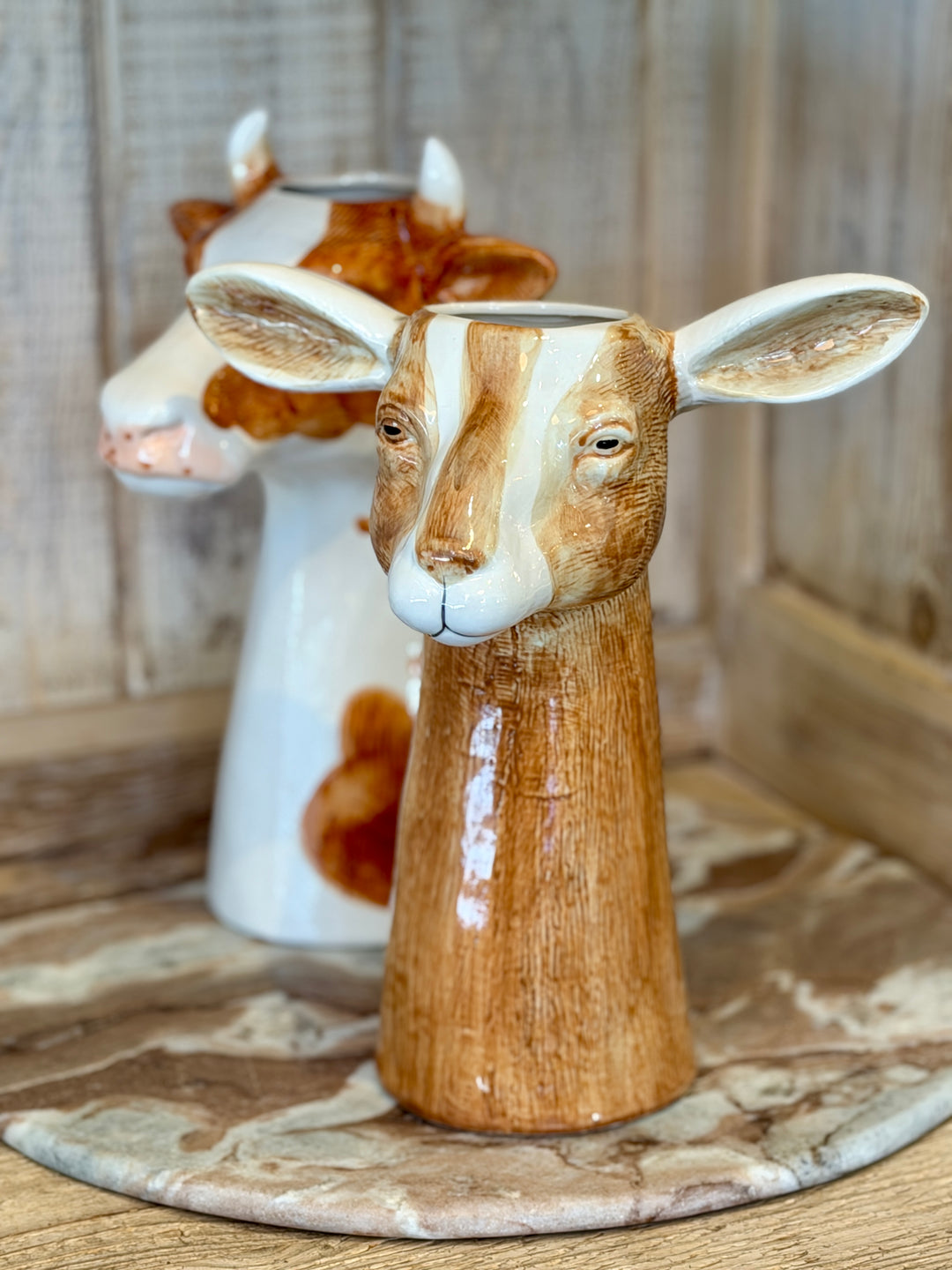 10.25" Hand-Painted Stoneware Goat Vase