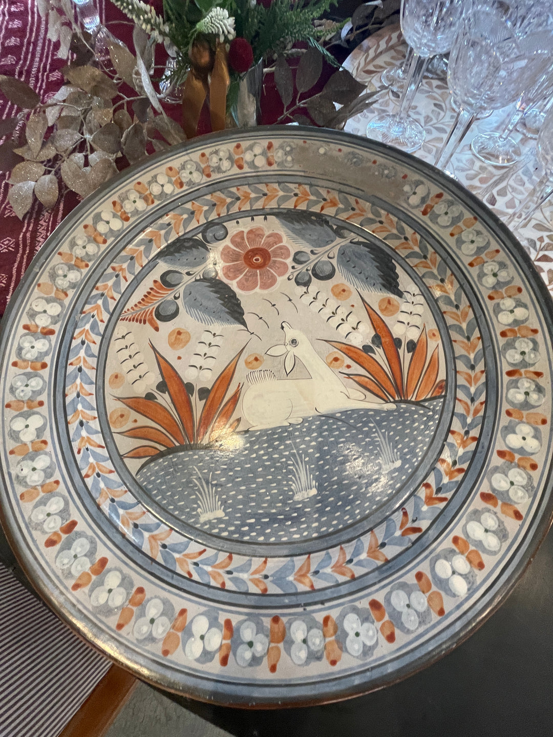 Vintage Hand-Painted Folkart Terracotta Platter / Wall Hanging