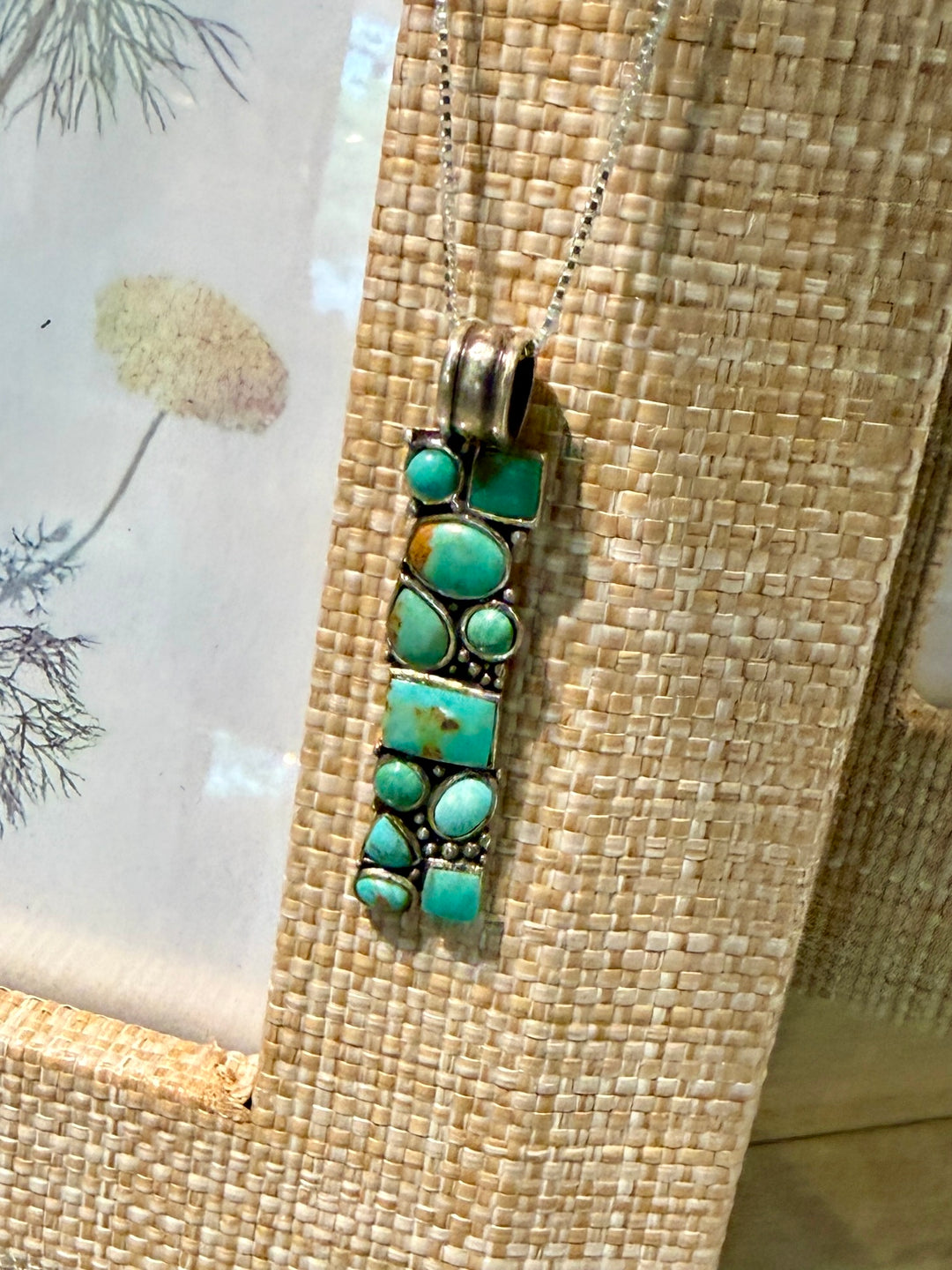 Vintage  Turquoise + Silver Vertical Pendant Necklace on New 18" Sterling Chain