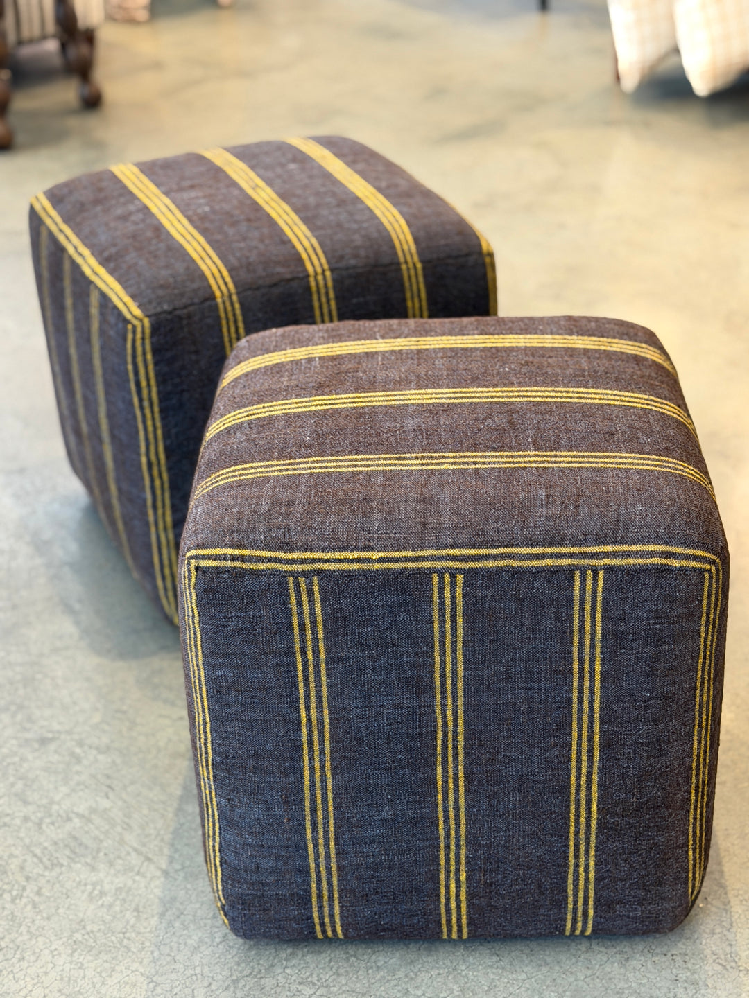 Custom 18" x 18" x 18" Cube Stool, Upholstered in a Vintage Brown w/ Thin Yellow Striped Wool Rug, Turkey
