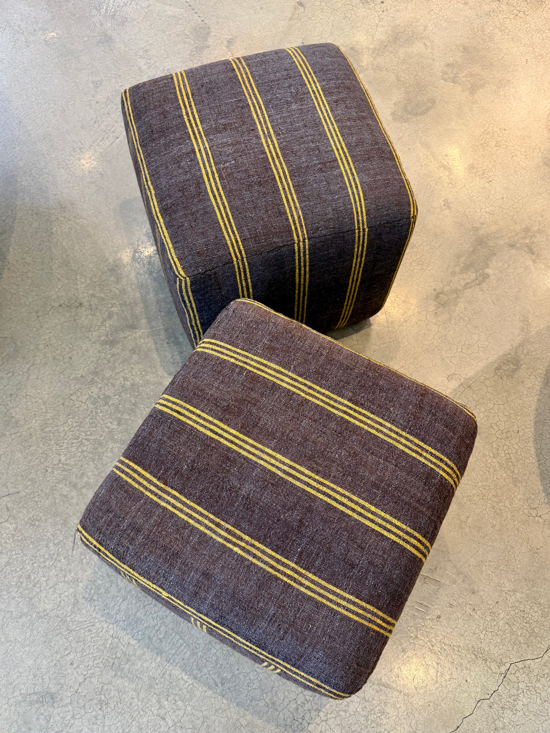 Custom 18" x 18" x 18" Cube Stool, Upholstered in a Vintage Brown w/ Thin Yellow Striped Wool Rug, Turkey