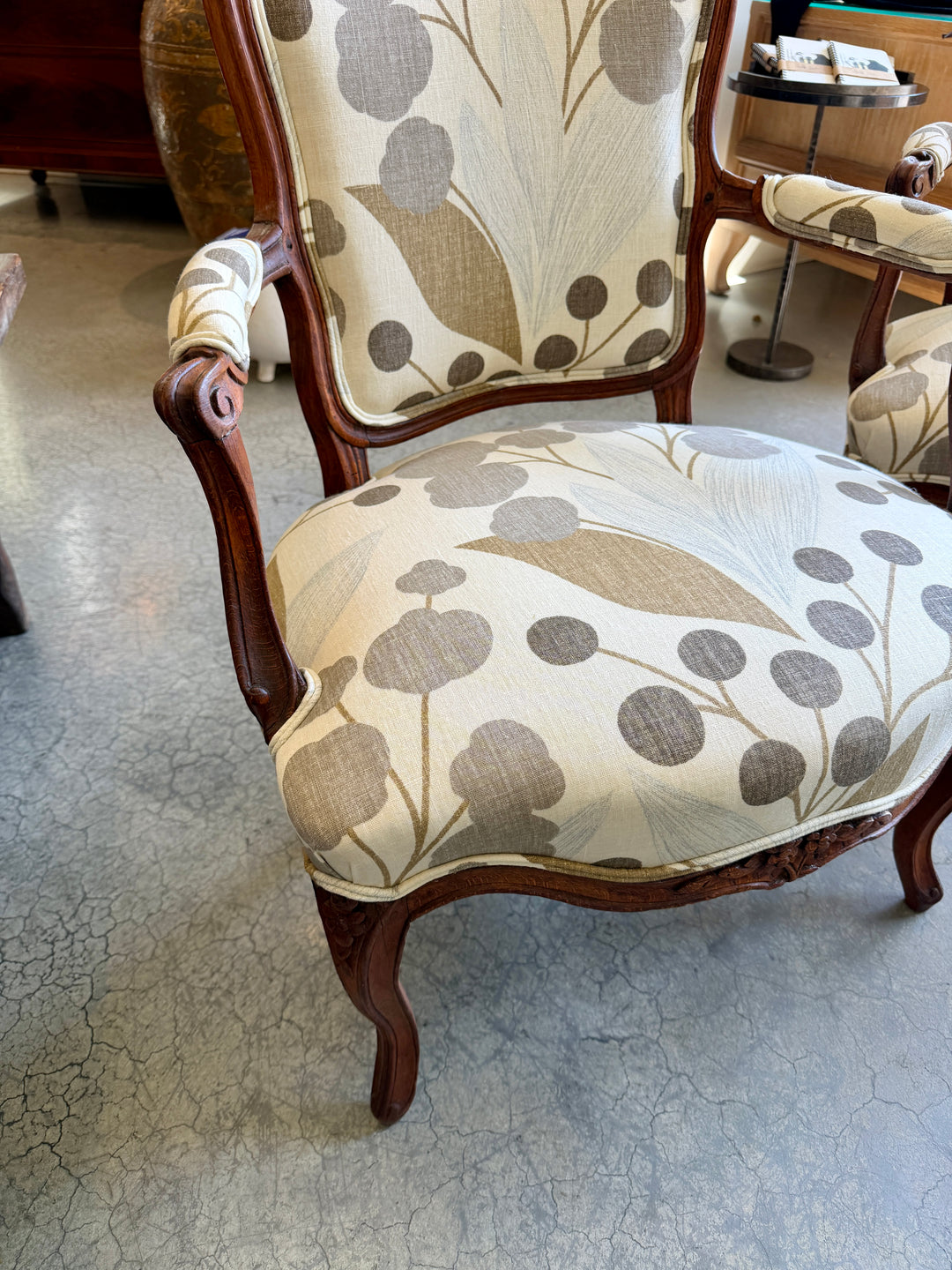 Antique French Hand-Carved Wood Armchairs, Newly Upholstered | Pair