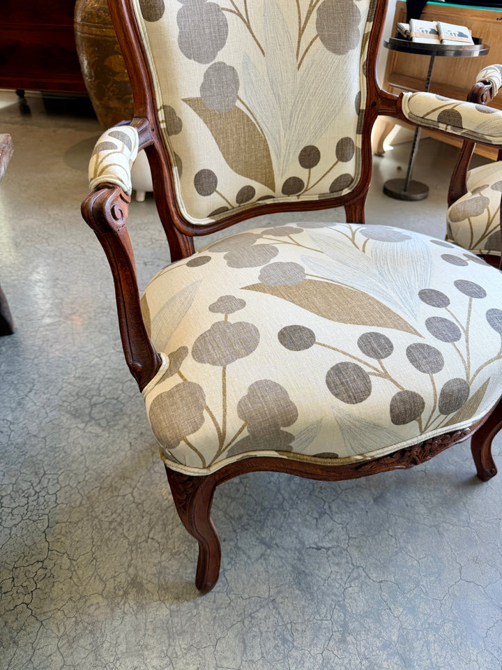 Antique French Hand-Carved Wood Armchairs, Newly Upholstered | Pair