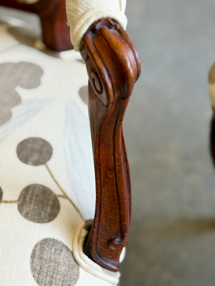 Antique French Hand-Carved Wood Armchairs, Newly Upholstered | Pair