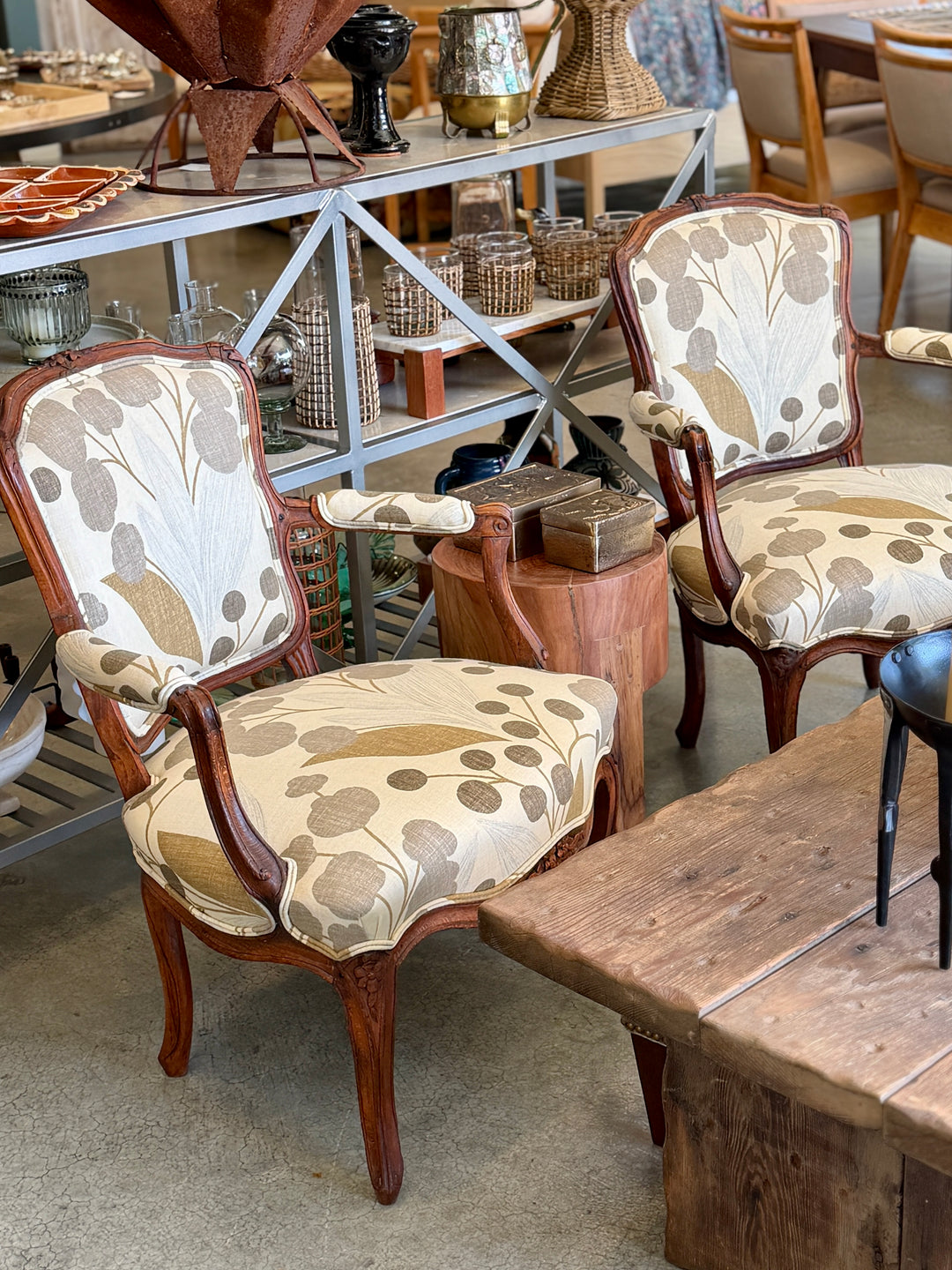 Antique French Hand-Carved Wood Armchairs, Newly Upholstered | Pair