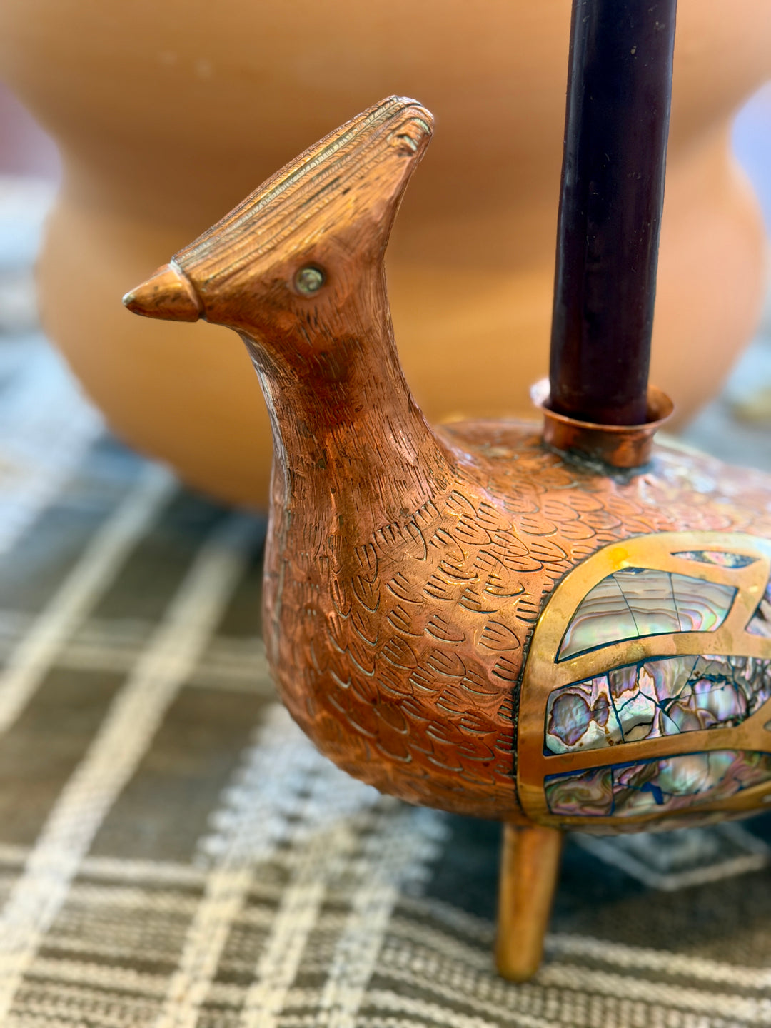 Mid-Century Copper, Brass + Abalone Bird Candle Holder - Los Castillo, Mexico