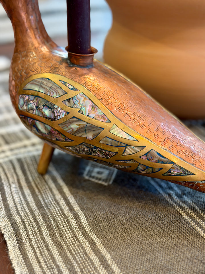 Mid-Century Copper, Brass + Abalone Bird Candle Holder - Los Castillo, Mexico