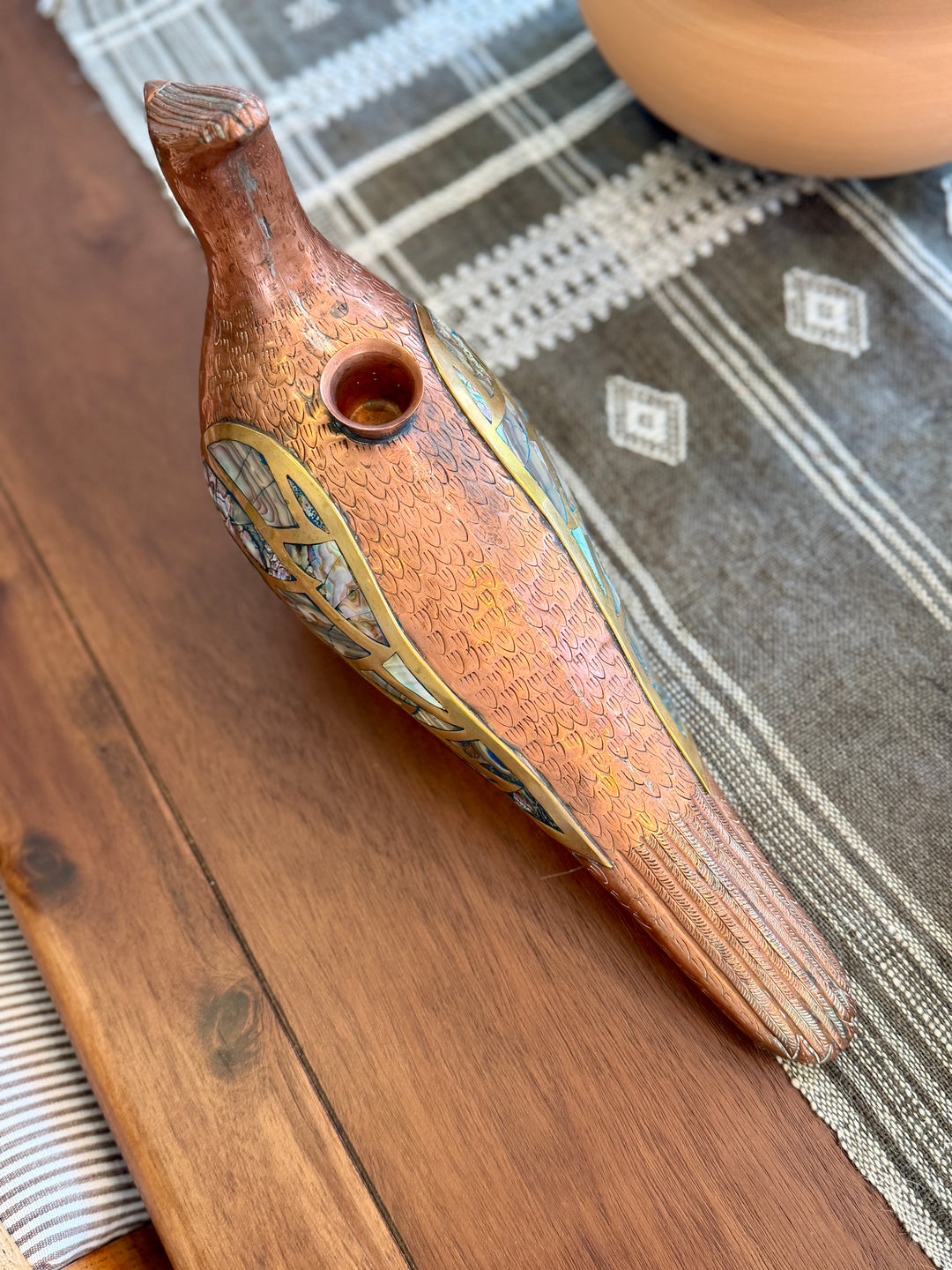 Mid-Century Copper, Brass + Abalone Bird Candle Holder - Los Castillo, Mexico