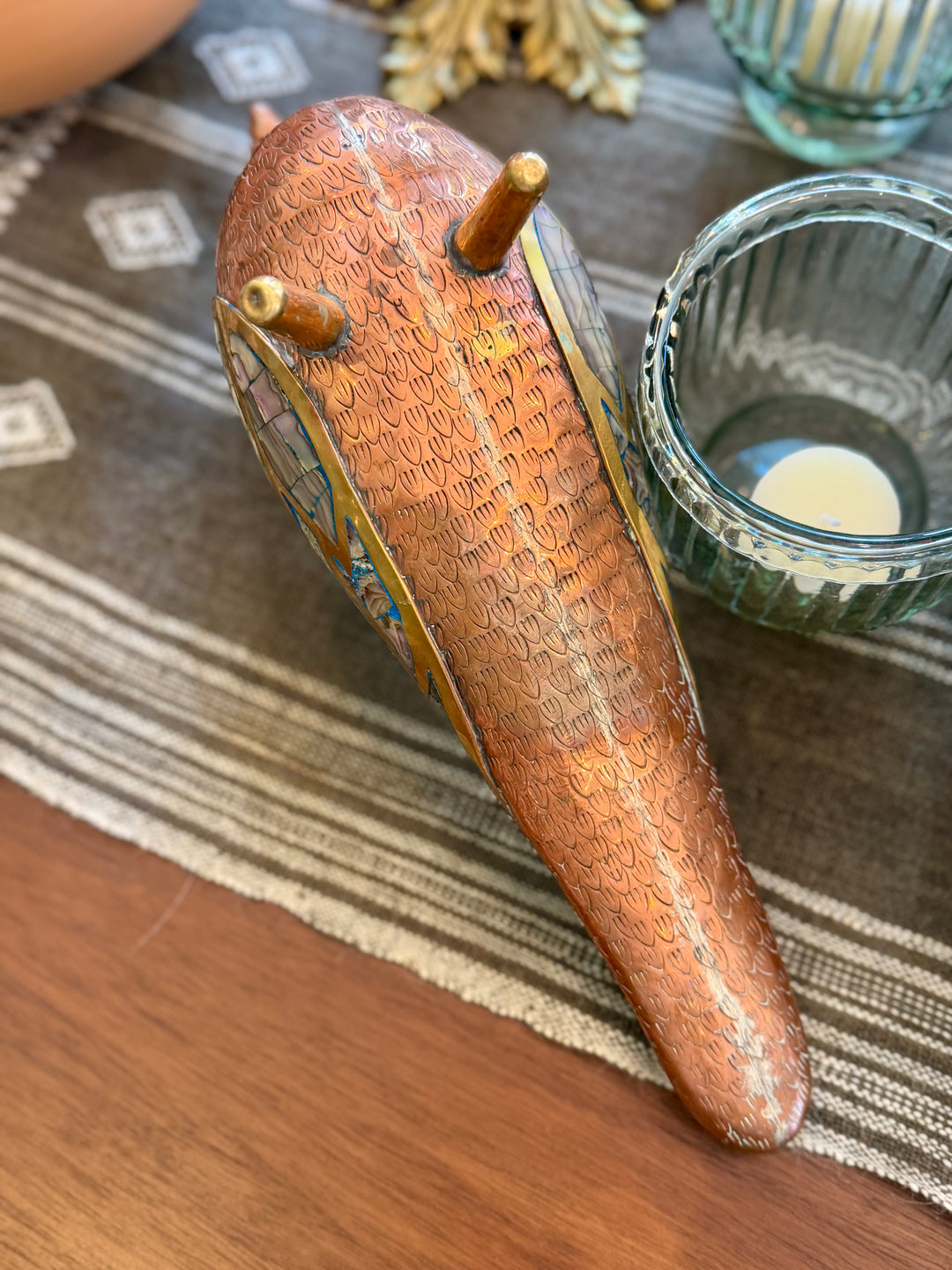 Mid-Century Copper, Brass + Abalone Bird Candle Holder - Los Castillo, Mexico