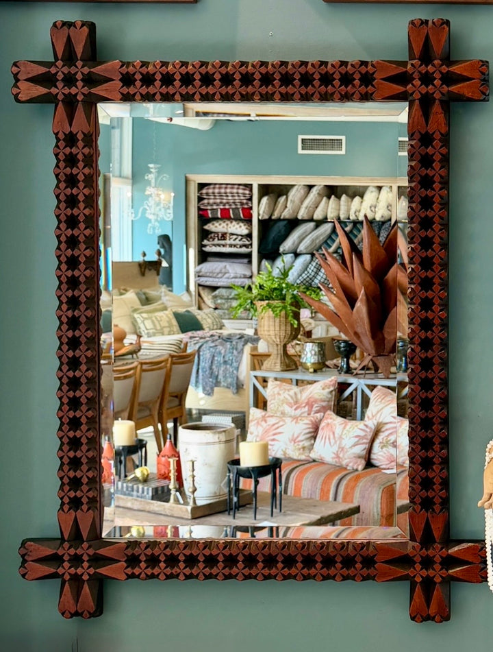 Antique Hand-Carved Tramp Art Frame w/ New Beveled Mirror