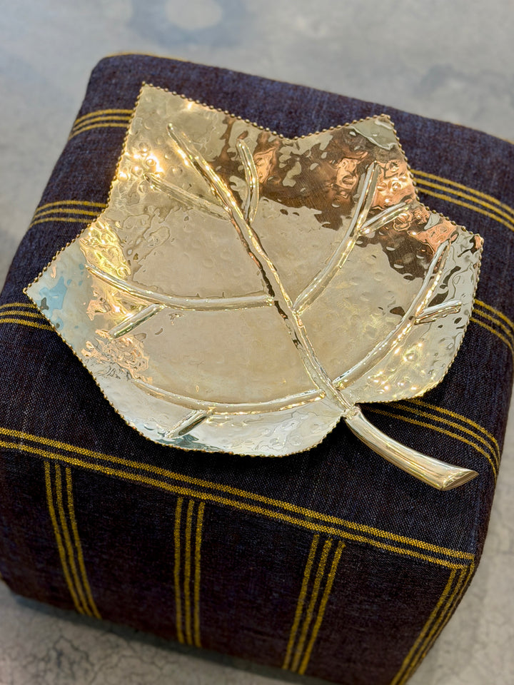 Vintage Handmade Footed Brass Leaf Tray with Handle