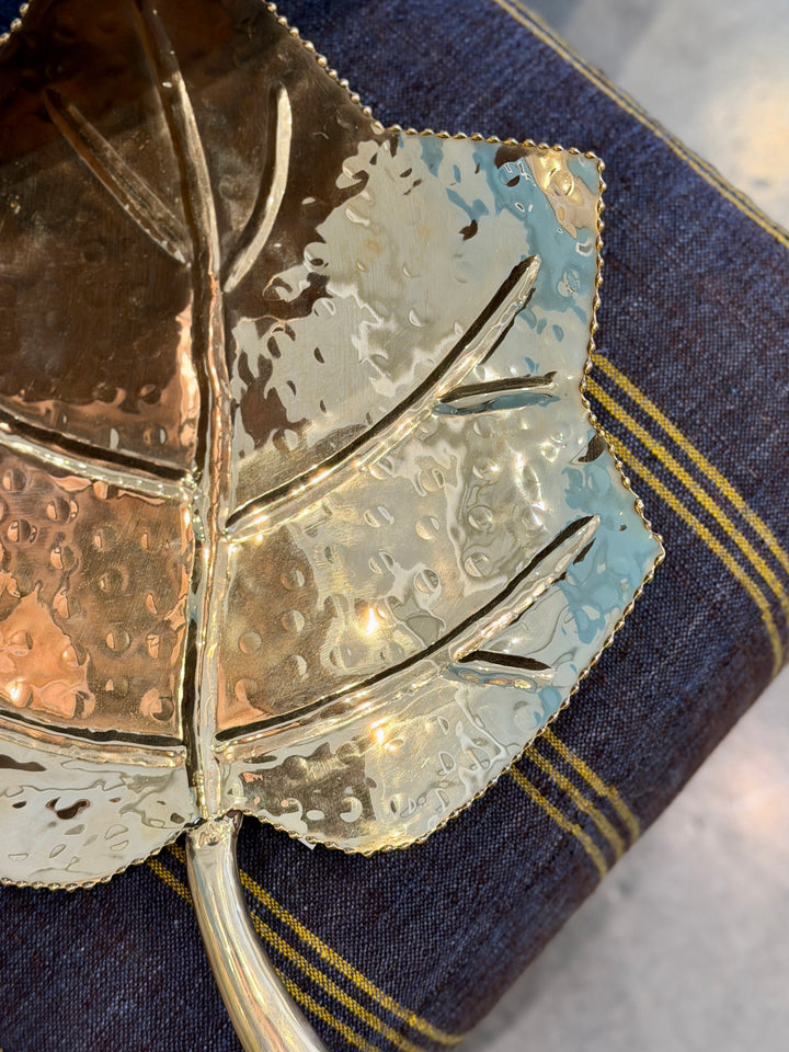 Vintage Handmade Footed Brass Leaf Tray with Handle