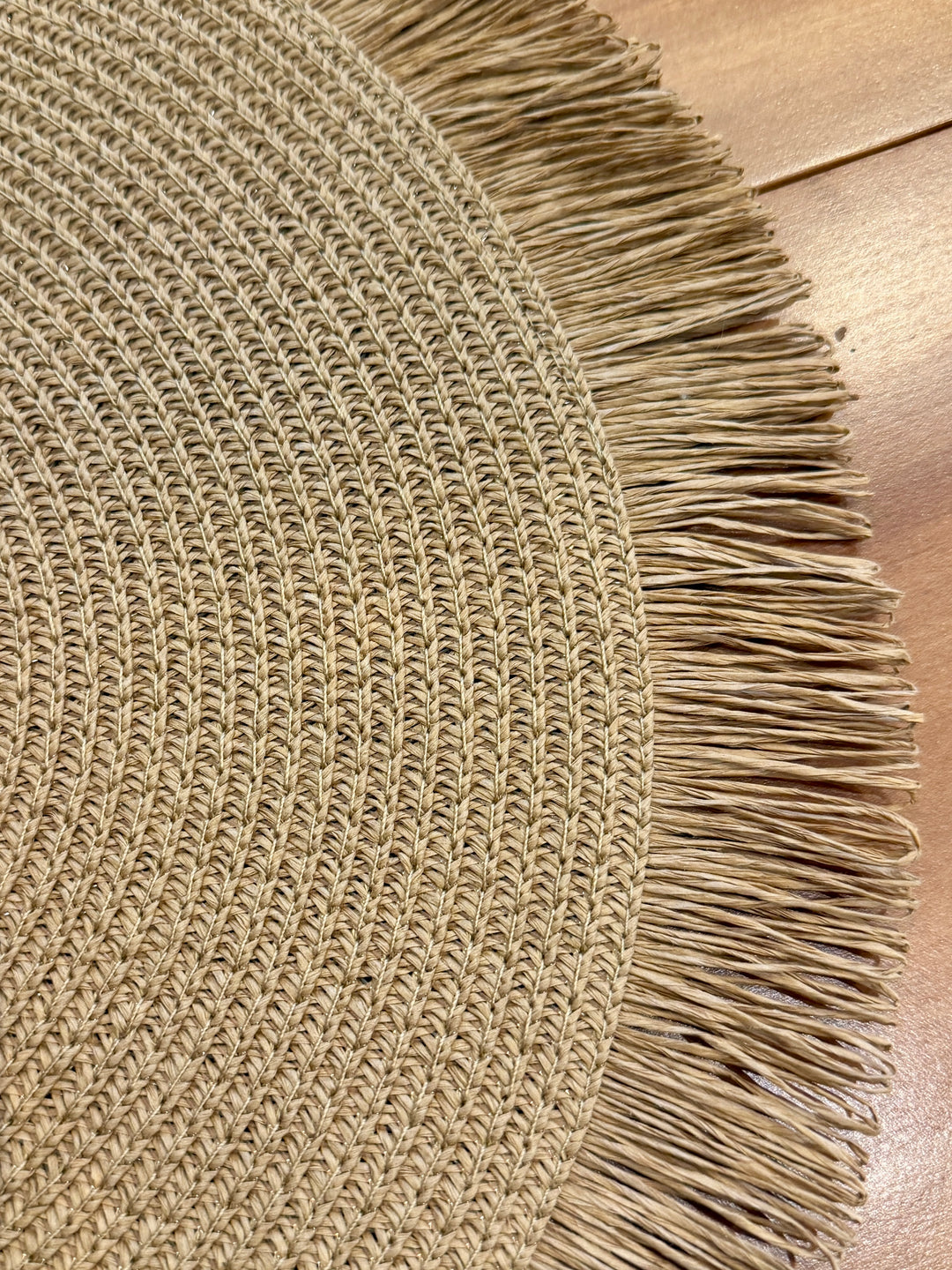 Handwoven Round Natural Straw Placemat w/ Fringe Border | 15"