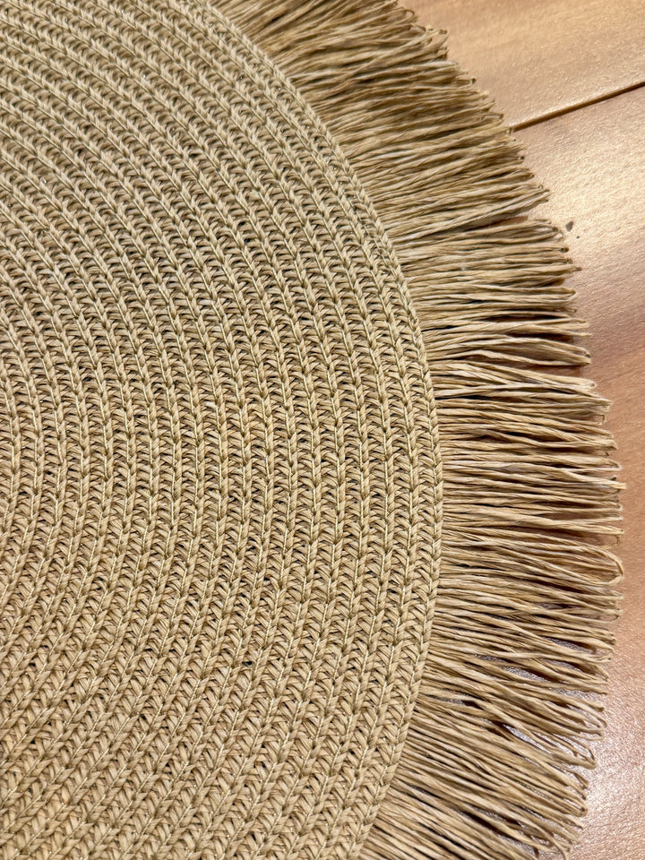 Handwoven Round Natural Straw Placemat w/ Fringe Border | 15"