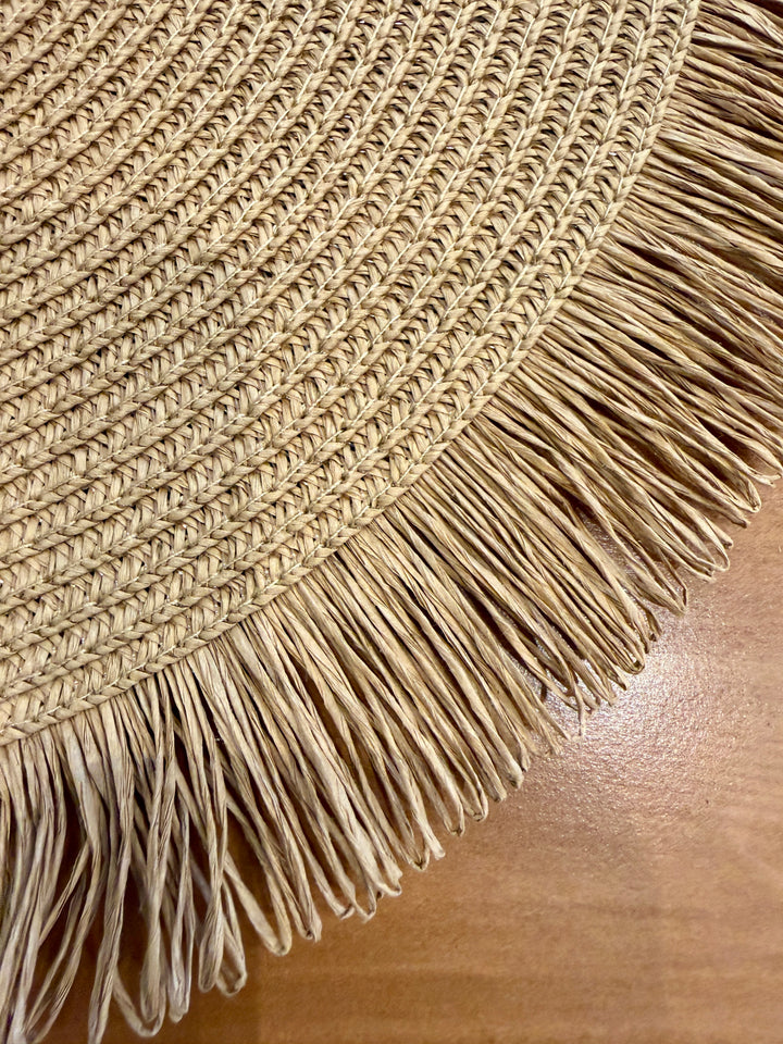Handwoven Round Natural Straw Placemat w/ Fringe Border | 15"