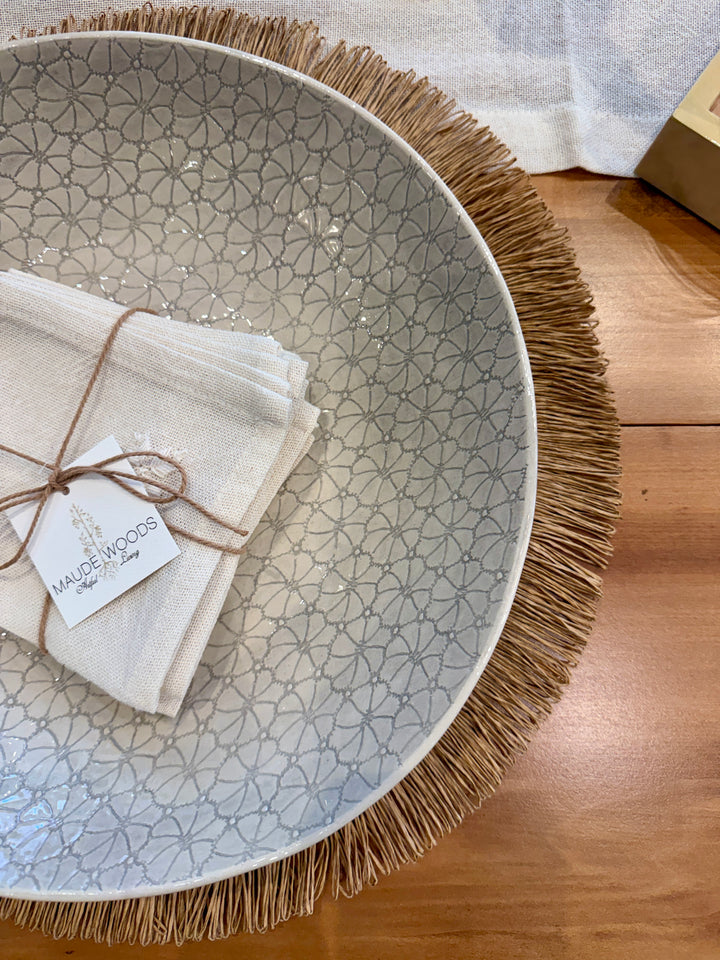 Handwoven Round Natural Straw Placemat w/ Fringe Border | 15"