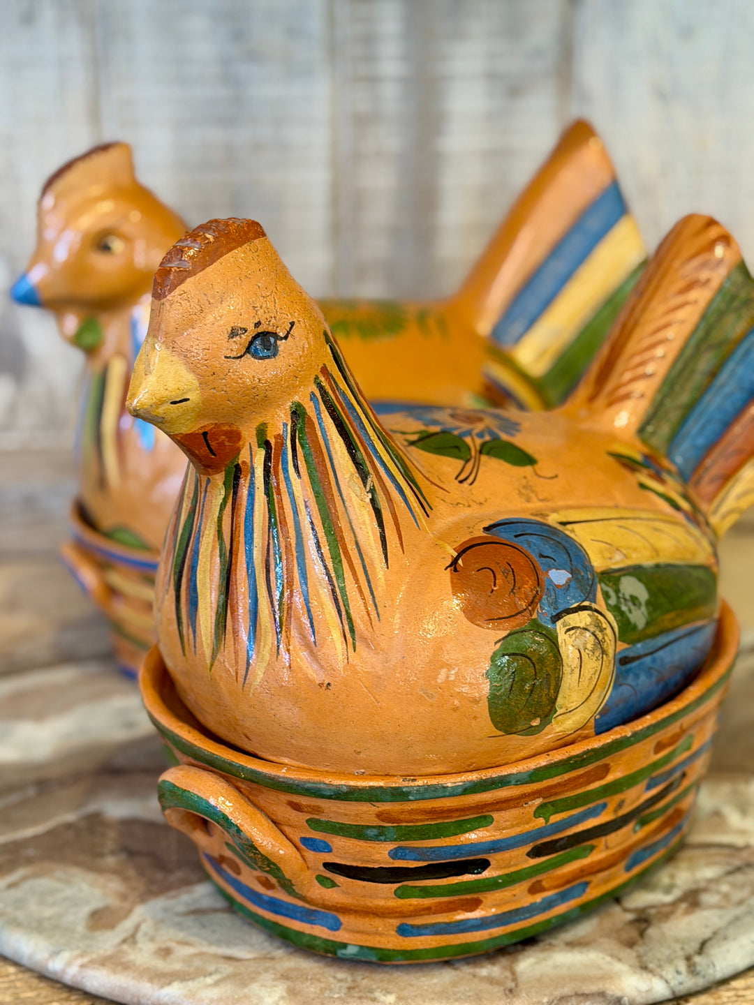 Vintage Mexican Tlaquepaque Folk Art Pottery Hen Covered Casserole | B