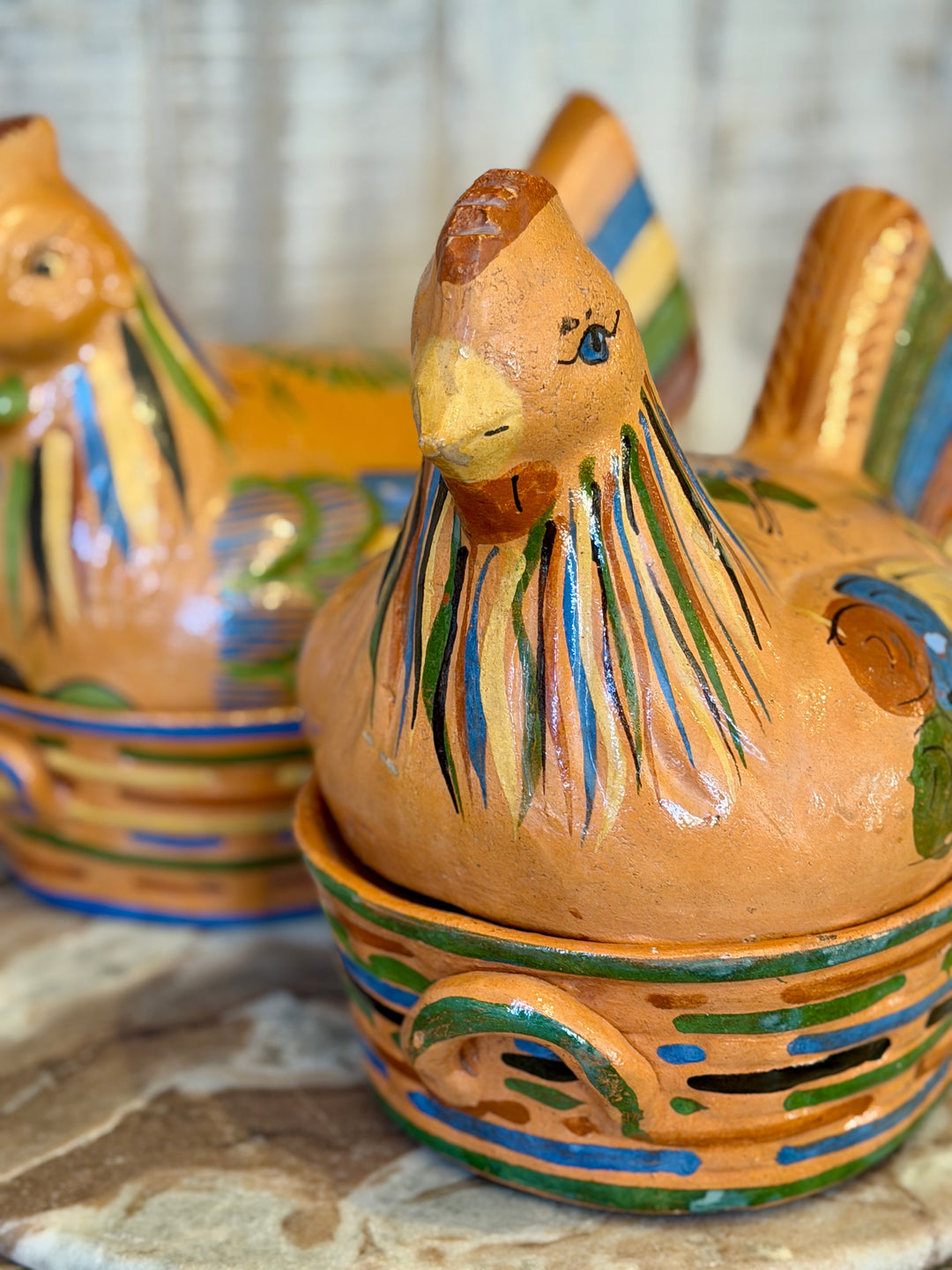 Vintage Mexican Tlaquepaque Folk Art Pottery Hen Covered Casserole | B