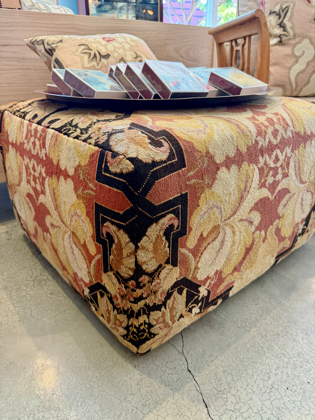 Custom 30" x 30" x 18" Ottoman, Upholstered in a Vintage Wool Needlepoint Rug