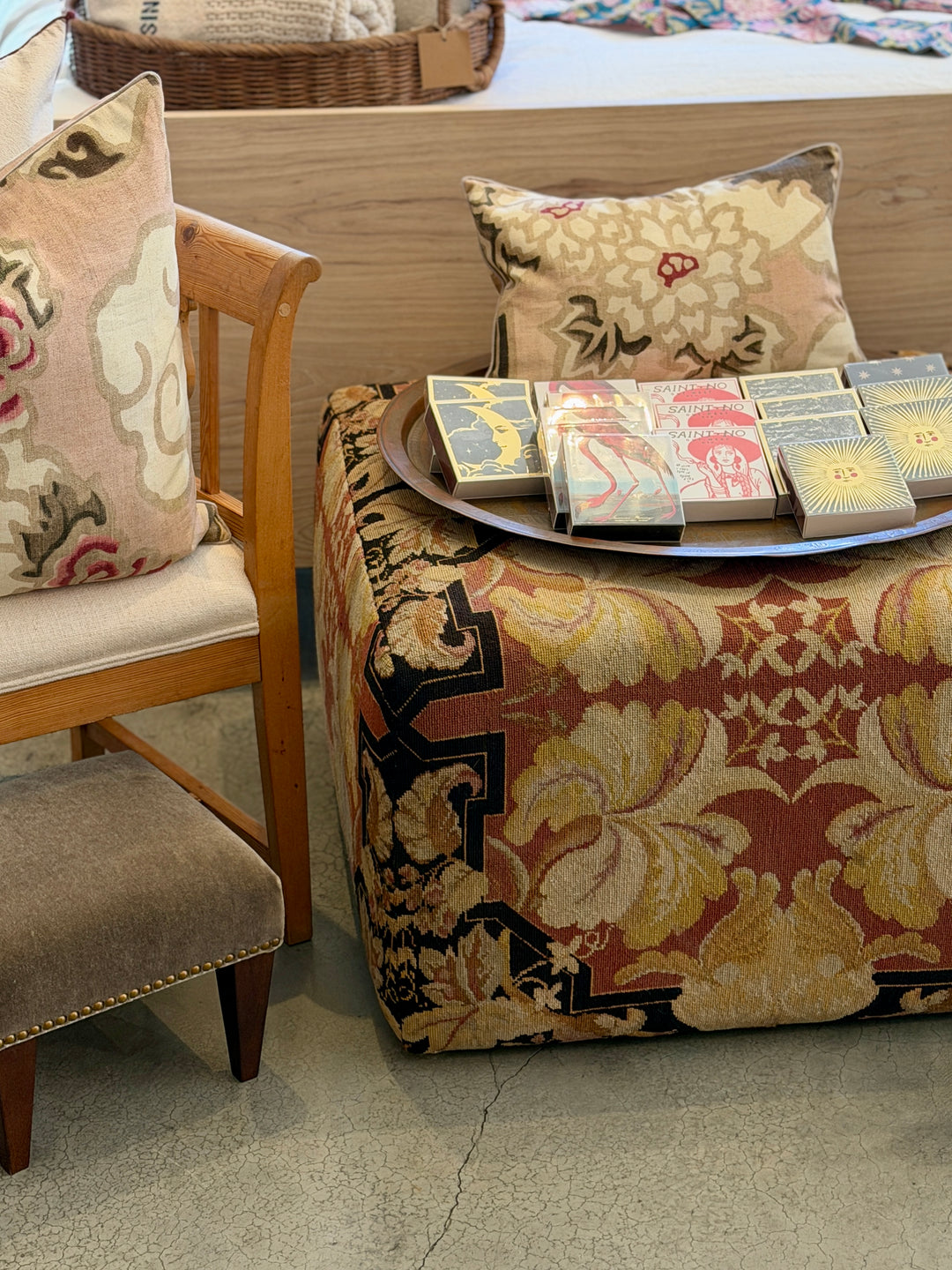 Custom 30" x 30" x 18" Ottoman, Upholstered in a Vintage Wool Needlepoint Rug