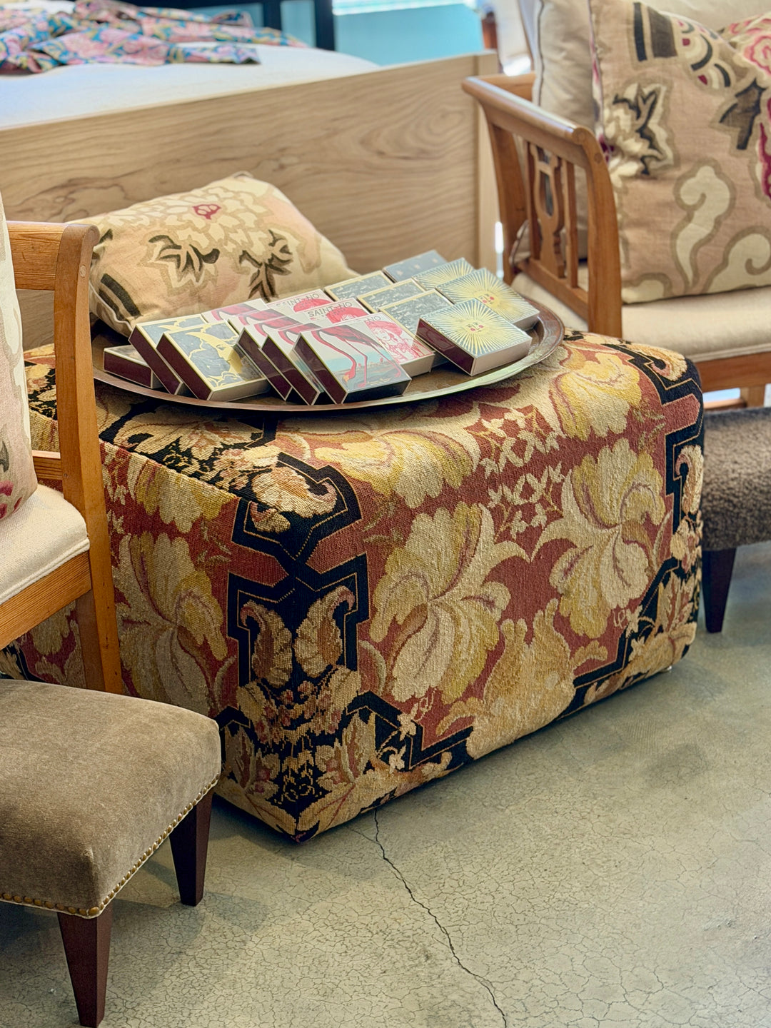 Custom 30" x 30" x 18" Ottoman, Upholstered in a Vintage Wool Needlepoint Rug