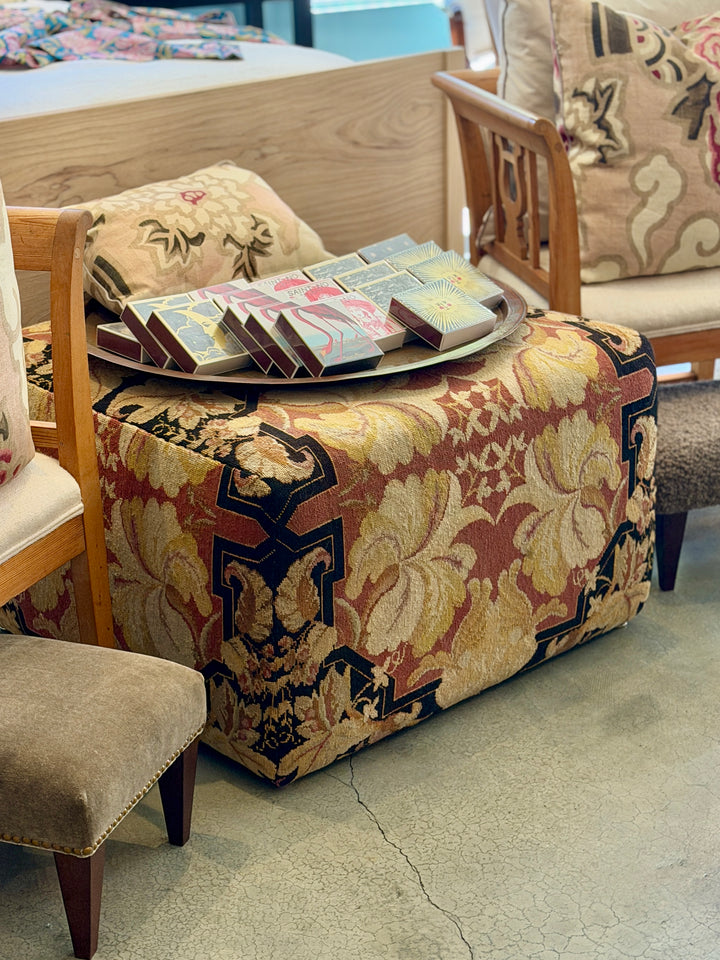 Custom 30" x 30" x 18" Ottoman, Upholstered in a Vintage Wool Needlepoint Rug