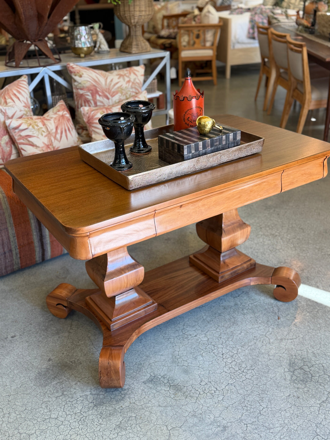 Antique Mahogany Console Table w/ Double Pedestal Base