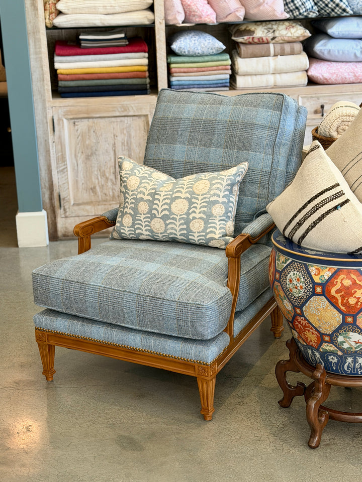 Vintage Oversized Lounge Chair Newly Upholstered in Chambray Wool Plaid